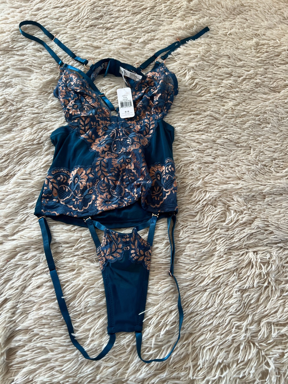 Teal Lace-Trim Bodysuit with Rose Gold Embroidery